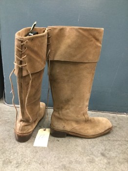 Mens, Historical Fiction Boots , MTO, Lt Brown, Suede, Solid, 12, Flat Heeled, Below Knee High with Folded Down Cuff. Lacing at Back of Knee