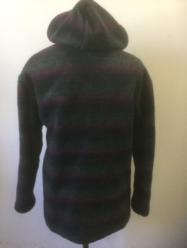 Womens, Coat, BRAETAN, Charcoal Gray, Magenta Pink, Dk Green, Wool, Nylon, Stripes - Shadow, B<42", M, Heavy Wool, 3 Oversized Black Toggle Buttons at Front, Drawstring Hem, Hooded, 2 Pockets, Burgundy Solid Lining, Above Knee Length,