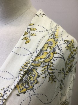 HINGE, Cream, Black, Yellow, Viscose, Floral, Cream with Black Floral Illustration Pattern Filled with Yellow on Flowers, Looped Dotted Lines, Lightweight Crepe, Long Sleeves, Open at Center Front with No Closures, 2 Patch Pockets at Hips, Below Hip Length