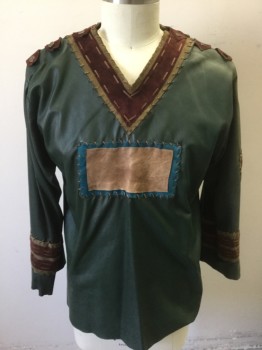 Mens, Historical Fiction Tunic, N/L MTO, Dk Green, Brown, Tan Brown, Teal Blue, Leather, Color Blocking, L, Dark Green Leather, Long Sleeves, V-neck with Brown and Tan Suede at Neck, Brown Suede Straps at Shoulders with Metal Buttons, Panels of Beige, Teal Blue, Brown Leather Stitched in Assorted Spots with Leather Thong Cord, Made To Order Medieval Peasant Inspired, **Has Light Fading at Shoulders
