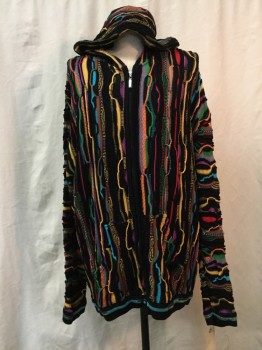 COOGI, Black, Multi-color, Cotton, Novelty Pattern, Black, Red/ Yellow/ Green/ Blue Purple Novelty Print, Zip Front, Hood
