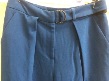 TOP SHOP, Royal Blue, Polyester, Solid, Pleated Front, Zip Fly, Waist Band with Silver Rings , Slit Pockets