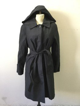 LONDON FOG, Black, Polyester, Nylon, Solid, Button Front, Hidden Placket, Collar Attached, Detachable Hood, 2 Pockets, Self Belt, Button Tab Cuff, Zip-In Lining