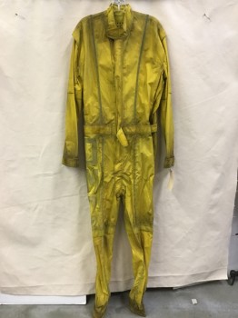 Mens, Jumpsuit, MTO, Yellow, Polyester, Nylon, Solid, 46, (Multiple)  (Aged/Distressed)  Dirty Yellow, Mock Collar Attached with Velcro Closure, Vertical Yellow Reflector Tape and "DMC" , Cut Out Small Diamond on Upper Back, Hidden Zip Front, Short Velcro Belt Front Center, Side, Long Sleeves Cuffs & Pants Hem