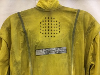 Mens, Jumpsuit, MTO, Yellow, Polyester, Nylon, Solid, 46, (Multiple)  (Aged/Distressed)  Dirty Yellow, Mock Collar Attached with Velcro Closure, Vertical Yellow Reflector Tape and "DMC" , Cut Out Small Diamond on Upper Back, Hidden Zip Front, Short Velcro Belt Front Center, Side, Long Sleeves Cuffs & Pants Hem