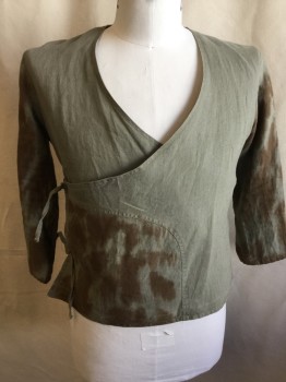 Unisex, Sci-Fi/Fantasy Jacket, N/L (MTO), Sage Green, Brown, Linen, Polyester, Solid, Mottled, 42, Color Block, Shinny Golden  Light Brown Lining, V-neck, Wrap Around with Ties, 3/4 Sleeves