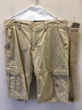 ECKO, Khaki Brown, Cotton, Solid, Khaki Rip stop, Cargo, Flat Front, Zip Front, 7 Pockets, with SELF BELT-khaki with Metal D-ring