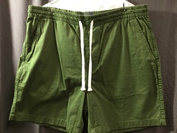 J.CREW, Olive Green, Cotton, Polyester, Solid, Olive, Elastic & White D-string Waistband, 2 Side Pockets