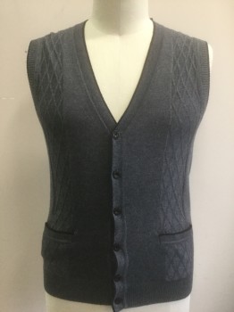 ZICAC, Gray, Acrylic, Polyester, Diamonds, Solid, Knit, Vertical Inset Panels with Diamond Texture, Black 1/4" Edging, Button Front, V-neck, 2 Patch Pockets