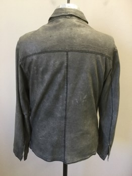 GIMO'S, Gray, Leather, Solid, Shirt Style Jacket, Snap Front, Collar Attached, Long Sleeves, Snap Cuff, 3 Zipper Pockets