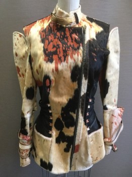 MTO, Black, Beige, Burnt Orange, Fur, Leather, Mottled, Cow Hide, Stand Collar with Strap and Buckle, Off Center Zipper, Partially Attached Sleeves, Sleeves Open at Elbow and Have Wrapping Around Cuff, Black Leather Sides with Elastic Strapping, 2 Pockets,