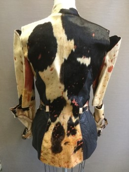 Womens, Sci-Fi/Fantasy Jacket, MTO, Black, Beige, Burnt Orange, Fur, Leather, Mottled, 2-4, Small, Cow Hide, Stand Collar with Strap and Buckle, Off Center Zipper, Partially Attached Sleeves, Sleeves Open at Elbow and Have Wrapping Around Cuff, Black Leather Sides with Elastic Strapping, 2 Pockets,