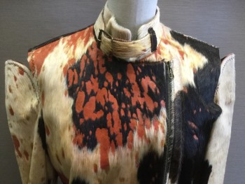 Womens, Sci-Fi/Fantasy Jacket, MTO, Black, Beige, Burnt Orange, Fur, Leather, Mottled, 2-4, Small, Cow Hide, Stand Collar with Strap and Buckle, Off Center Zipper, Partially Attached Sleeves, Sleeves Open at Elbow and Have Wrapping Around Cuff, Black Leather Sides with Elastic Strapping, 2 Pockets,