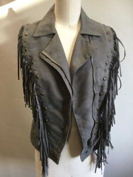 DOUBLE ZERO, Gray, Polyester, Solid, Gray, Collar Attached, Off Side Zip Front, Brass Studs & Fringe  Front & Back Yoke Detail Work