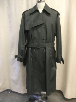 MOORE'S, Dk Olive Grn, Cotton, Nylon, Solid, Double Breasted, Collar Attached, Epaulets, 2 Pockets, Belted Cuff, Self Buckle Belt, Vented Back Yoke, Shoulder Flap Panel, Missing Detachable Lining