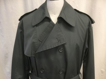 MOORE'S, Dk Olive Grn, Cotton, Nylon, Solid, Double Breasted, Collar Attached, Epaulets, 2 Pockets, Belted Cuff, Self Buckle Belt, Vented Back Yoke, Shoulder Flap Panel, Missing Detachable Lining