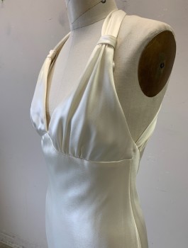 A.B.S ESSENTIALS, White, Acetate, Polyester, Solid, Satin, Halter Dress, Empire Waist, Crossed Straps at Back Shoulders, Low Plunging Back, Bias Cut, Floor Length with Iridescent Ruffled Chiffon Poufs at Hem, Could Be Wedding Dress