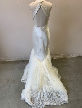 A.B.S ESSENTIALS, White, Acetate, Polyester, Solid, Satin, Halter Dress, Empire Waist, Crossed Straps at Back Shoulders, Low Plunging Back, Bias Cut, Floor Length with Iridescent Ruffled Chiffon Poufs at Hem, Could Be Wedding Dress