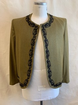 Mens, Historical Fiction Piece 1, BAROTEX, Lt Olive Grn, Black, Wool, Solid, Swirl , 36, 42, 34, 1500, JACKET, Round Neck, Open Front, Black Swirl Applique Trim *Applique is Coming Off in Various Spots*