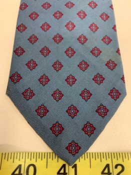 Mens, Tie, BROOKS BROTHERS, Dusty Blue, Red, Navy Blue, Silk, Medallion Pattern, O/S, Four in Hand