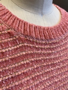 EPIC THREADS, Lt Pink, Gold, Polyester, Metallic/Metal, Stripes - Horizontal , Chenille Knit, Pullover, Crew Neck, Long Sleeves, Wavy/Scallopped Edge at Hem