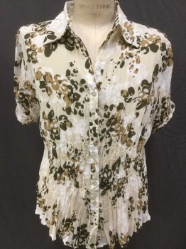 ALLISON TAYLOR (L&L), Beige, White, Brown, Tan Brown, Polyester, Abstract , Floral, Crinkle Beige,white, Brown, Tan Abstract Floral Print, Collar Attached, Button Front, Gather Waist Area, Puffy Short Sleeves,