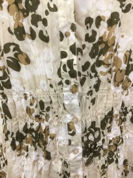 ALLISON TAYLOR (L&L), Beige, White, Brown, Tan Brown, Polyester, Abstract , Floral, Crinkle Beige,white, Brown, Tan Abstract Floral Print, Collar Attached, Button Front, Gather Waist Area, Puffy Short Sleeves,