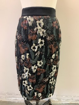 Womens, Skirt, Below Knee, DOLCE & GABANNA, Black, Brown, Gray, White, Silver, Viscose, Polyester, Floral, W: 26, Black Waist Band, Brown, Gray, White, Zip Back