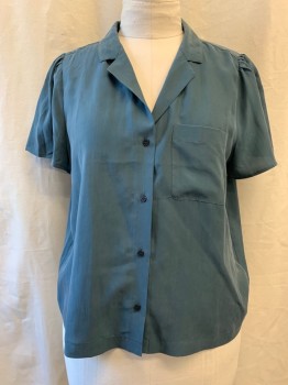 MADEWELL, Teal Blue, Silk, Solid, Collar Attached, Button Front, 1 Pocket, Short Sleeves, Pleated Back
