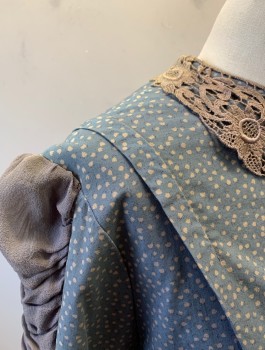 Womens, Dress 1890s-1910s, N/L MTO, Slate Blue, Gray, Cotton, Polyester, Spots , W:32, B:36, 3/4 Sleeves, Gray Floral Lace Collar, Pleats at Bust Eminating From Waist Seam, Ankle Length, Gray Ruched Chiffon Added at Sleeve Outseam, Button Closures in Back, Made To Order, Working Class