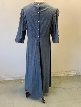 Womens, Dress 1890s-1910s, N/L MTO, Slate Blue, Gray, Cotton, Polyester, Spots , W:32, B:36, 3/4 Sleeves, Gray Floral Lace Collar, Pleats at Bust Eminating From Waist Seam, Ankle Length, Gray Ruched Chiffon Added at Sleeve Outseam, Button Closures in Back, Made To Order, Working Class