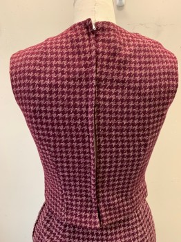 Womens, 1960s Vintage, Suit, Piece 3, GREEN LEA, Red Burgundy, Beige, Wool, Tweed, Houndstooth, B:36, Top, Scoop Neck, Sleeveless, Solid Suede Center, Hounds-tooth Tweed Sides,  Zip Back *Small Dark Stains on Front,