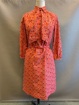 Womens, Dress, A MENDEL CREATION, Tomato Red, Lt Blue, Turquoise Blue, Navy Blue, Polyester, Novelty Pattern, B:40, Rope and Knot Pattern, Long Sleeves, 6 Button Front, Collar Attached, Hem Below Knee, Small Welt Pocket at Chest, **With Matching Fabric Necktie and Structured Belt, Late 1970's/Early 1980's