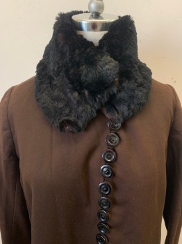 Womens, Coat, N/L, Dk Brown, Black, Wool, Wool, Solid, B 34, 13 Buttons 1 is Missing, 1 Large Fur Button on Fur Collar, 2 Welt Pockets, 5 Buttons on Sides and Embroidery Down Front & Back Sides, Shoulder Burn, Fur Collar is Patchy,