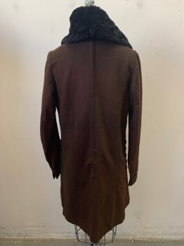 Womens, Coat, N/L, Dk Brown, Black, Wool, Wool, Solid, B 34, 13 Buttons 1 is Missing, 1 Large Fur Button on Fur Collar, 2 Welt Pockets, 5 Buttons on Sides and Embroidery Down Front & Back Sides, Shoulder Burn, Fur Collar is Patchy,