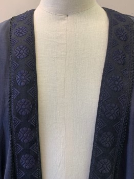 Mens, Historical Fiction Robe, MTO, Midnight Blue, Cotton, OS, Black Trim with Geometric Embroidery, Black Scallop Trim, L/S, Open Front, Floor Length Hem