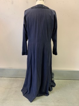 Mens, Historical Fiction Robe, MTO, Midnight Blue, Cotton, OS, Black Trim with Geometric Embroidery, Black Scallop Trim, L/S, Open Front, Floor Length Hem