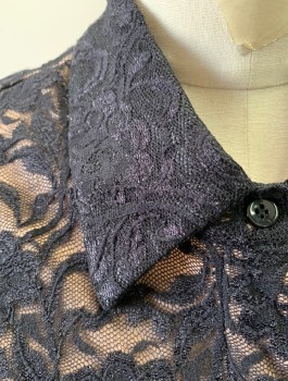 HARLOW, Black, Tan Brown, Nylon, Polyester, Floral, Black Lace Over Tan Underlayer, Long Sleeves, Button Front, Collar Attached, Fitted