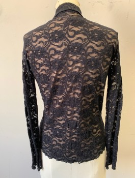 HARLOW, Black, Tan Brown, Nylon, Polyester, Floral, Black Lace Over Tan Underlayer, Long Sleeves, Button Front, Collar Attached, Fitted