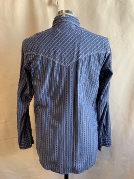 Mens, Western, RU, Denim Blue, White, Cotton, Stripes, M, White Stripes and Medallion Stripes, Snap Front, Collar Attached, 2 Flap Snap Pockets, Western Yoke, Long Sleeves, Snap Cuff