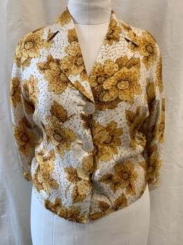 ADELAR, Off White, Dusty Yellow, Brown, Silk, Floral, Collar Attached, Button Front, Long Sleeves