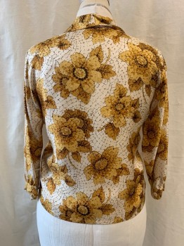 ADELAR, Off White, Dusty Yellow, Brown, Silk, Floral, Collar Attached, Button Front, Long Sleeves
