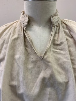 NL, Ecru, Cotton, Solid, Blousey,pleating Around collar, V Neck,f,gather Tie at Wrists,aged