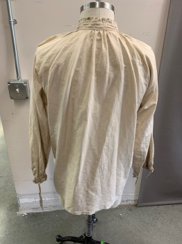 Mens, Historical Fiction Tunic, M.T.O, Beige, Cotton, Solid, C: 50, 1700's, Aged/Distressed,  L/S, Self Ruffled Stand Collar, V-N, Drawstring Cuffs, Pullover