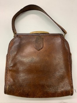 Womens, Purse 1890s-1910s, NL, Brown, Leather, Metallic/Metal, Solid, 8'', 8''x, Plain Leather, Whip-stitched Sides, Matching Handel, One Small pocket Inside.