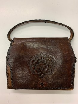 Womens, Purse 1890s-1910s, NL, Brown, Black, Leather, Metallic/Metal, Solid, 8'x6'', Short Leather Handle and Front Flap with Broken Snap, Embossed Flower Pattern on Front Flap, Matching Coin Purse Inside, Slot for Mirror on Front Under Flap