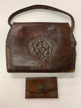 Womens, Purse 1890s-1910s, NL, Brown, Black, Leather, Metallic/Metal, Solid, 8'x6'', Short Leather Handle and Front Flap with Broken Snap, Embossed Flower Pattern on Front Flap, Matching Coin Purse Inside, Slot for Mirror on Front Under Flap