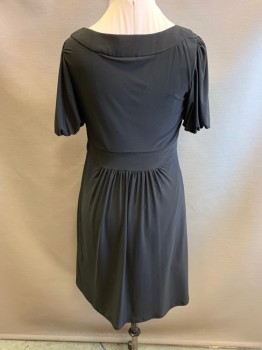 ESSENTIALS BY A.B.S, Black, Polyester, Spandex, Scoop Neck, Vertical Pleats at Center Front, Gathered at Waist, Wide Waistband, Short Sleeves, Gathered at Sleeves, Side Zip, Hem at Knee