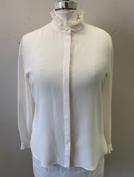 ANNE KLEIN, Cream, Polyester, Solid, Crepe De Chine, Long Sleeves, Band Collar with Ruffle, Button Front, Ruffles at Cuffs