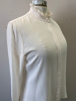 ANNE KLEIN, Cream, Polyester, Solid, Crepe De Chine, Long Sleeves, Band Collar with Ruffle, Button Front, Ruffles at Cuffs